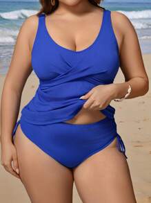 SHEIN Swim Lushore Plus Size Women 2pcs Set Solid Color Cross Front Top & Drawstring Bottoms Mature One-Piece Swimwear - Navy Blue - View 4