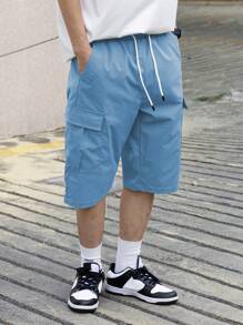 Claim Dot Men's Solid Color Drawstring Waist Wide Leg Loose Casual Shorts, Men's Multi-Pocket Work Shorts, Men's Casual Shorts. Suitable For Daily Wear, Going Out, School, Party, Home, Travel, Music Festival. Also Suitable For Giving To Family And Friends