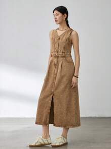 Dazy-Less 女式牛仔连衣裙，腰部剪裁，无袖背心款式，V领，商务休闲夏季复古风格太阳裙 - 卡其色 - 查看 6