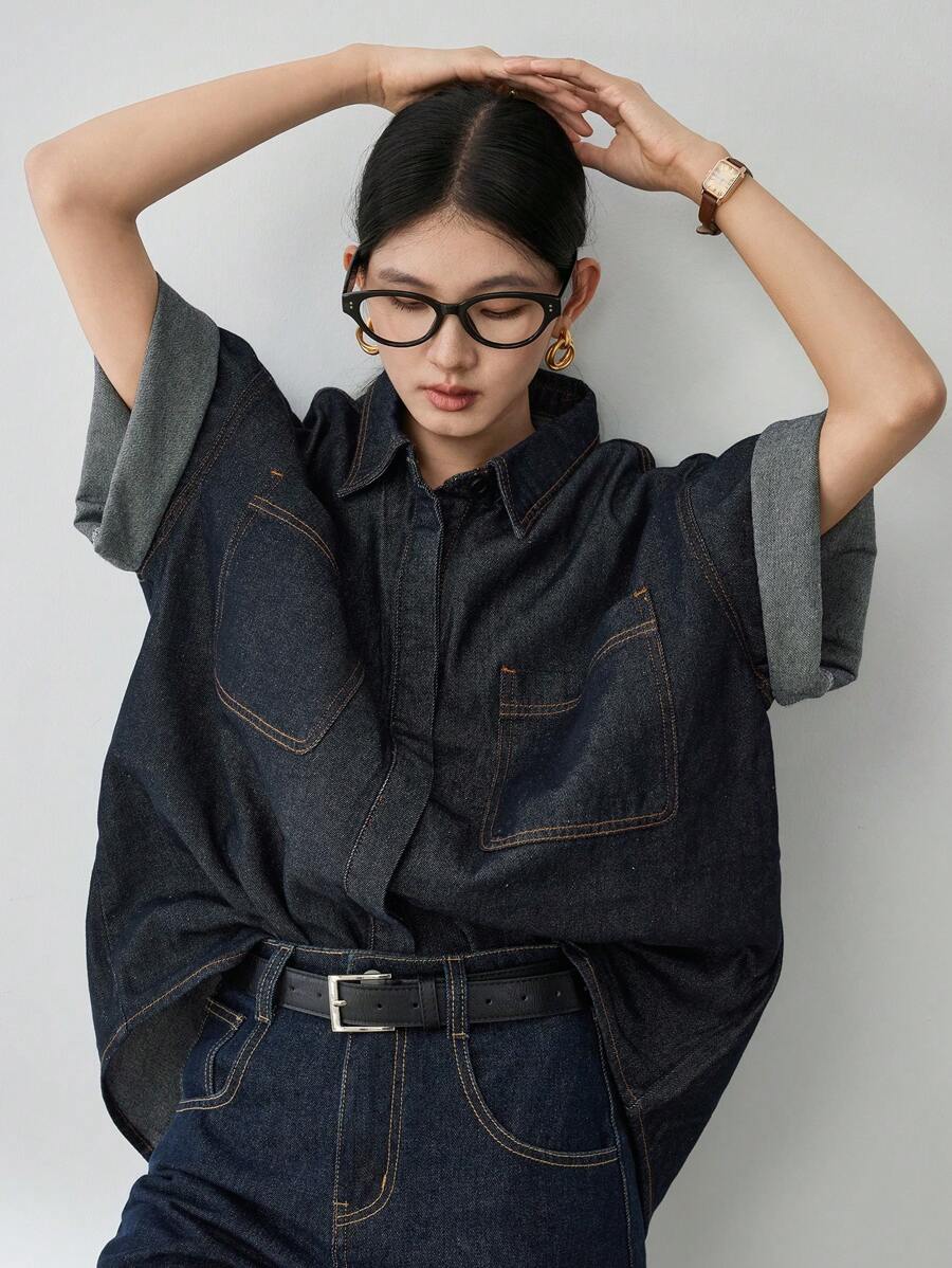 Dazy-Less 女士休闲商务宽松短袖牛仔外套，配有大口袋和缝线细节