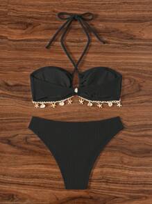 Swim Mod Women's Summer Holiday Beach White Floral Shell Pattern Fashion Spaghetti Strap Bikini - Black - View 2