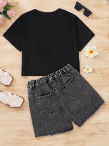 Teen Girl Letter Print Round Neck Short Sleeve Top And Distressed Denim Jeans 2pcs Casual Set