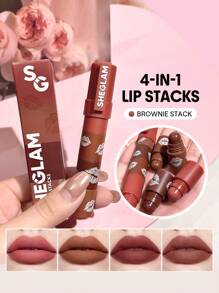SHEGLAM Mega Lip Stacks-Brown-Brownie Stack 4 In 1 Creamy-Matte Brown Lipstick Kit High Pigment Non-Drying Portable Travel Lipstick Kit Lip Makeup Rosa Lipstick Lip Combo Brand Beauty Makeup Face Paint Cosmetic For Women Girls Perfect For Winter Spring Ideal For Y2K Fancy Fashion Suitable For Birthday Gift Party Ready Best Color - Brownie Stack - View 1