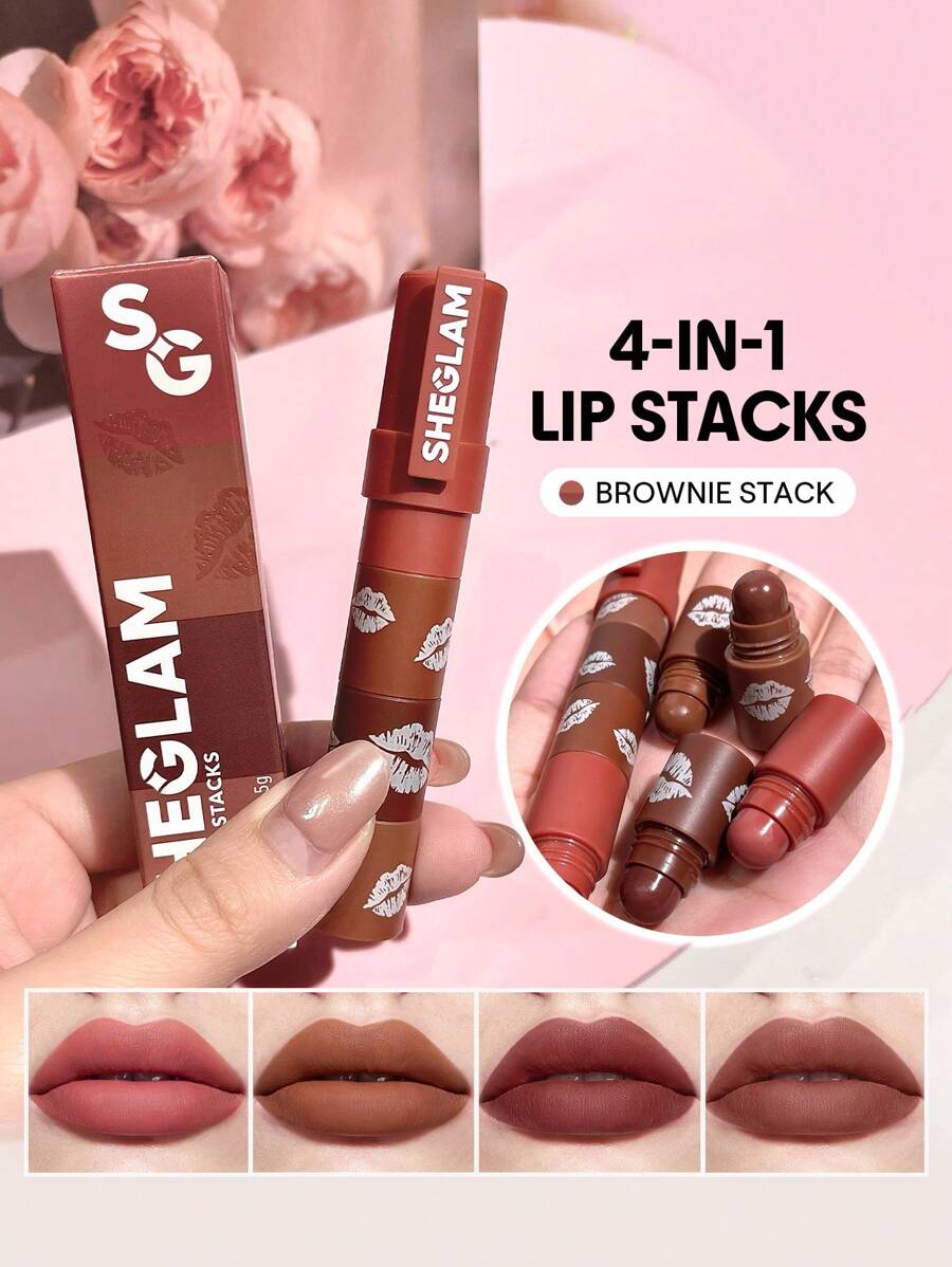 SHEGLAM Mega Lip Stacks-Brown-Brownie Stack 4 In 1 Creamy-Matte Brown Lipstick Kit High Pigment Non-Drying Portable Travel Lipstick Kit Lip Makeup Rosa Lipstick Lip Combo Brand Beauty Makeup Face Paint Cosmetic For Women Girls Perfect For Winter Spring Ideal For Y2K Fancy Fashion Suitable For Birthday Gift Party Ready Best Color - Brownie Stack - View 1