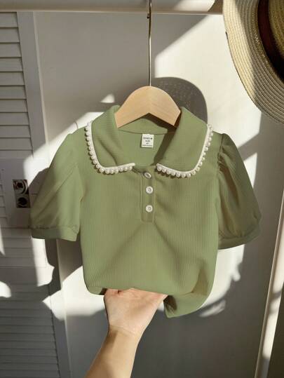 Elladie kids 年轻女孩优雅泡泡袖圆领短袖 T 恤，时尚别致的设计，夏季