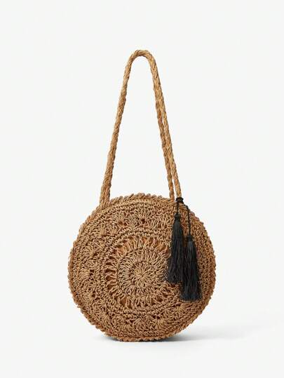 Maija 女士休闲草编圆形单肩包，度假风格