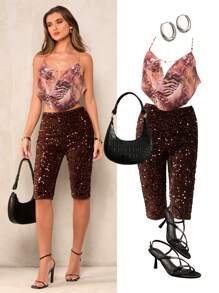 SHEIN BAE 女士休闲简约夏季短裤 - 紫紅色 - 查看 8