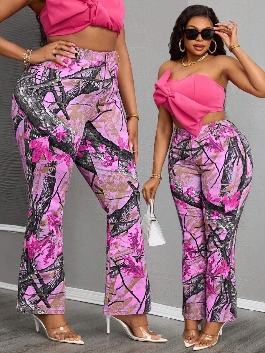 SHEIN SXY Plus Size Retro Style Trees & Branches Print Bodycon Flare Leg Jeans Women Summer Outfits  Old Money Pink Jeans