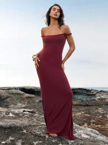 Aloruh 女士性感优雅扭纹露背修身长款酒红色拖尾连衣裙夏季女装度假装 - 酒紅色 - 查看 5