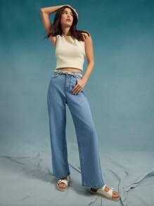 WESTFADE High Rise Spring Striped Wide Leg Ankle Length Western Denim Jeans Summer Beach Vacation