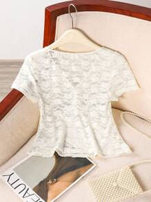 INAWLY Top de moda con mangas de volantes de encaje floral para mujer, adecuado para vacaciones - Blanco - Ver 2