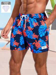 Manfinity Swimmode Men's Tropical Plant Print Drawstring Waist Beach Shorts - Multicolor - View 1