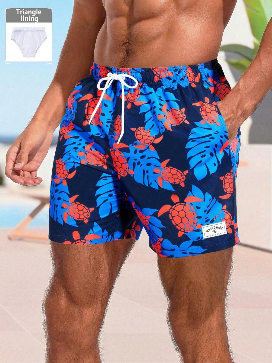 Manfinity Swimmode Men's Tropical Plant Print Drawstring Waist Beach Shorts - Multicolor - View 1