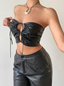 INAWLY Women's Fashion Sexy Drawstring PU Hollow Out Cropped Tube Top - Black - View 3
