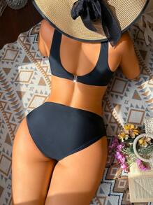Swim DD+ Women's Solid Color Knotted Front Sexy Bikini Two Pieces Swimwear For Summer Beach Vacation - Black - View 2