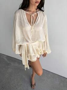 Aloruh Women's Apricot Shiny Lantern Sleeve Loose Tie-Up Ruched Multi-Layer Ruffle Hem Mini Romantic Chiffon Dress - Apricot - View 6