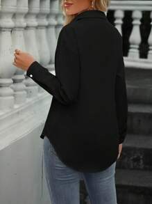 SHEIN LUNE Women's Solid Color Embroidered Front Casual Shirt - Black - View 2