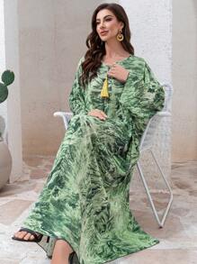 Al Najma 女士优雅全印花蝙蝠袖土耳其长裙 - 綠色 - 查看 8