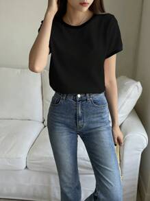 DAZY Women's Casual Solid Color Basic Round Neck Short Sleeve T-Shirt, Summer Top - Black - View 2