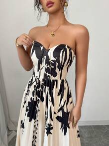 Selianne 女士印花抹胸镂空腰褶连体衣，优雅浪漫 - 杏色 - 查看 5