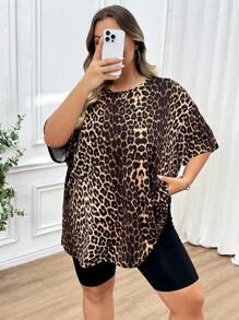 SHEIN CURVE+ 大码女式夏季豹纹圆领短袖休闲 T 恤