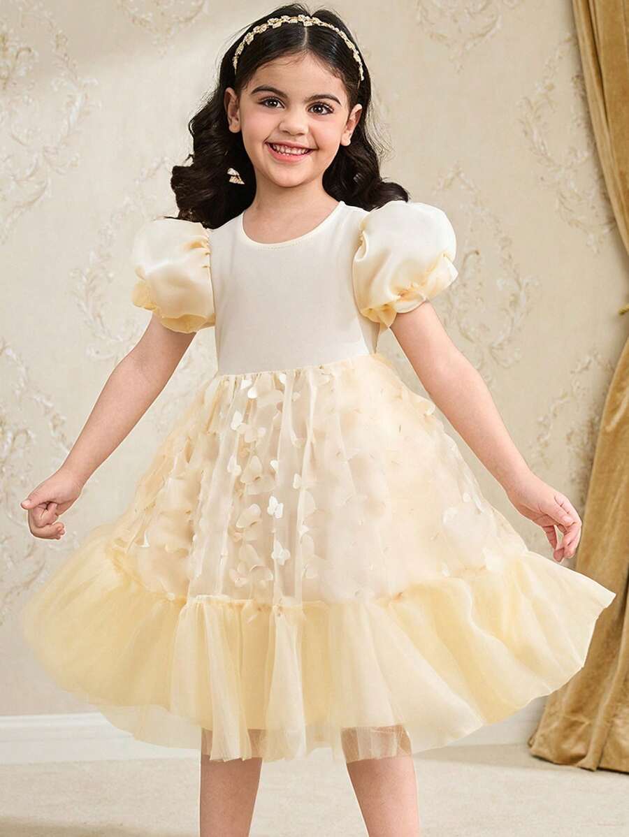 Young Girl Ruffled A-Line Jacquard Puff Sleeve Princess Dress - Apricot - View 1