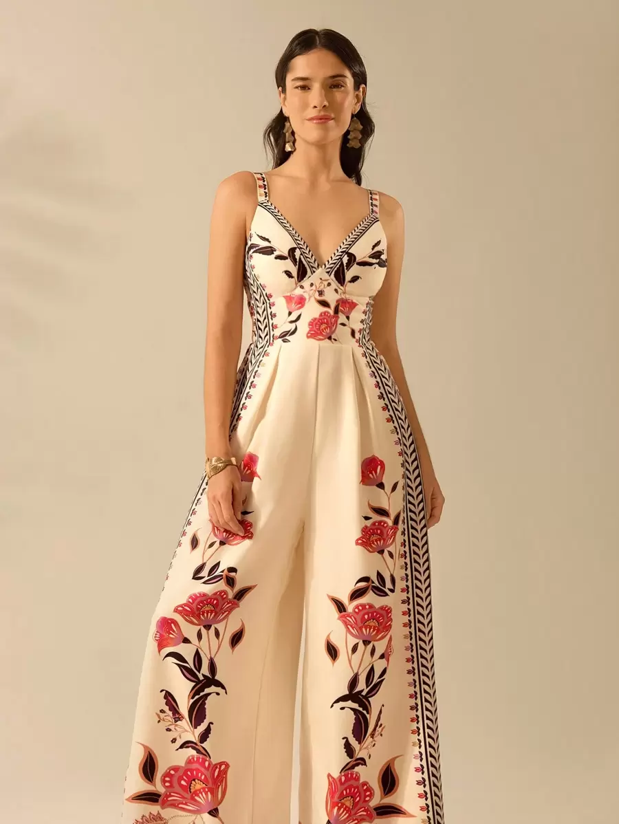 CAJUNI 女式波西米亚风热带花卉印花无袖宽松裤腿假日休闲夏季海滩杏色连体裤