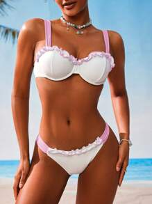 Swim Mod Women's Fresh & Sweet Frill Trim Bikini Set - Baby Pink - View 4