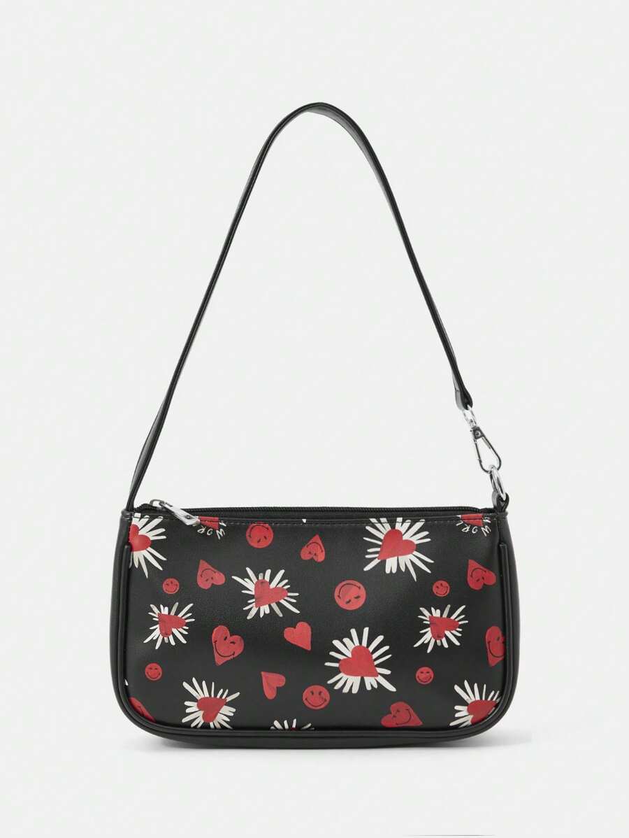 SmileyWorld® | SHEIN Fashion Heart & Smile Face Portable Handbag - Black - View 1