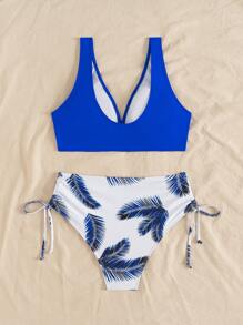 SHEIN Swim Traje de baño de dos piezas estampado, conjunto de ropa de playa de verano para mujeres - azul real - Ver 2