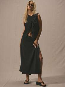 MUSERA Chân váy midi dáng suông, cạp thấp, buộc dây đôi bên hông, thích hợp cho mùa hè, kỳ nghỉ hoặc lễ Phục sinh. - Màu xanh lam - Xem 1