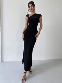 Firerie Women's Elegant Minimalist Romantic Vacation Black Asymmetrical Neckline Cap Sleeve Mesh Fitted Dress, Suitable For Casual Daily Wear - Black - View 2