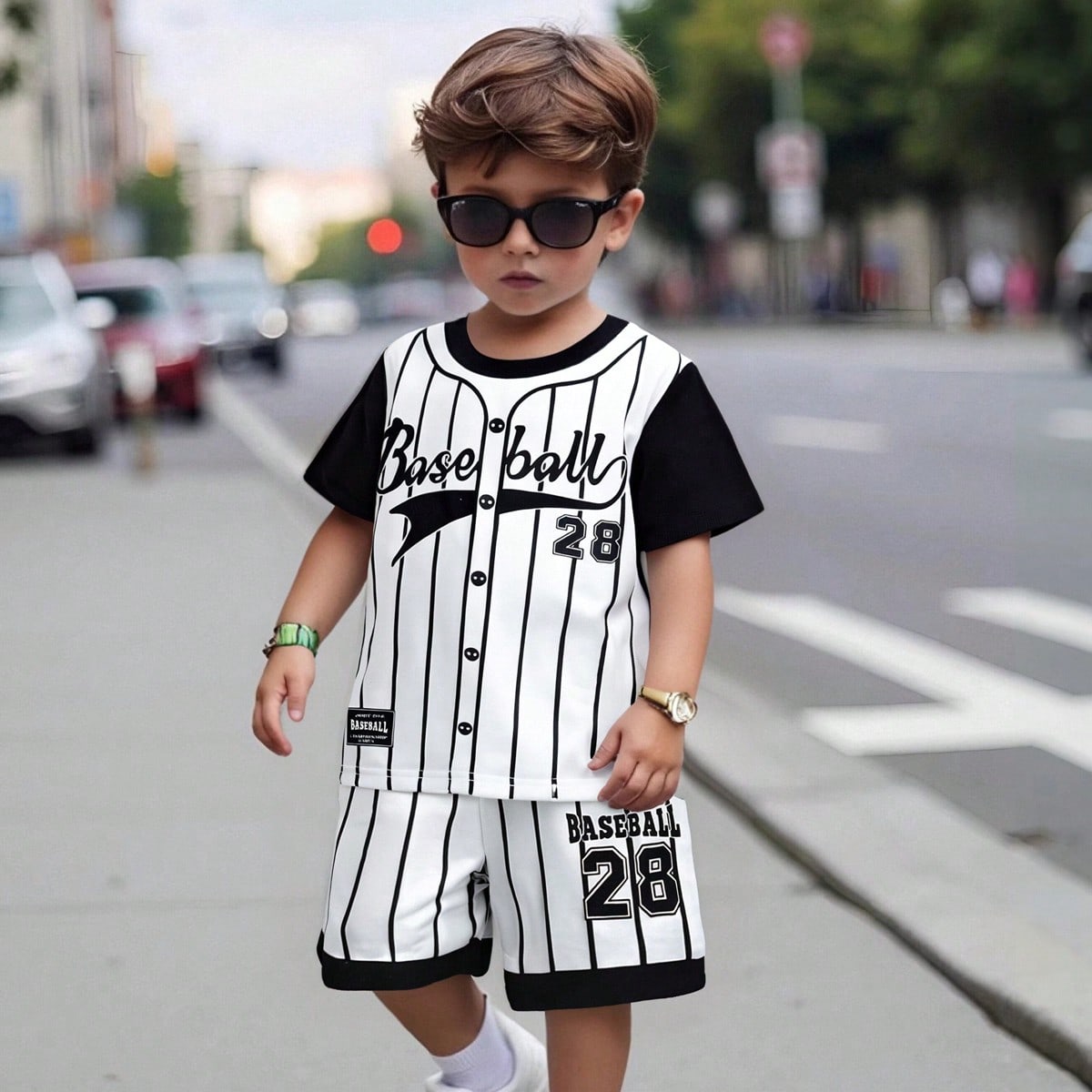 Camiseta Y Shorts Rayados Con Letras Para Niños Jóvenes