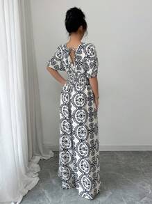 Elenzga Vacation Style Puff Sleeve V-Neck Elastic Waist Wide Leg Jumpsuit Pants Romper - Blue - View 2