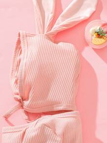 SHEIN 3pcs Newborn Cute Rabbit Ear Hat, Romper & Socks Set, Soft Knit Fabric, Suitable For 0-9 Months, Spring/Summer, Daily Wear, Easter, Birthday Photo Shoot, Outdoor Activities - Pink - View 6