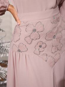 Modelyn 2pcs Solid Color Patchwork Texture Crew Neck Long Sleeve Top And Midi Skirt Set - Pink - View 5