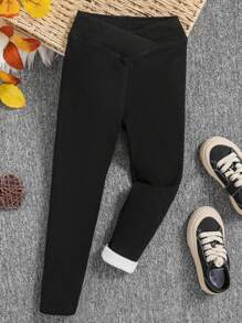 SHEIN Leap Crew Cô Gái Trẻ Eo không đối xứng Nhiệt Xà cạp - màu đen - Xem 1