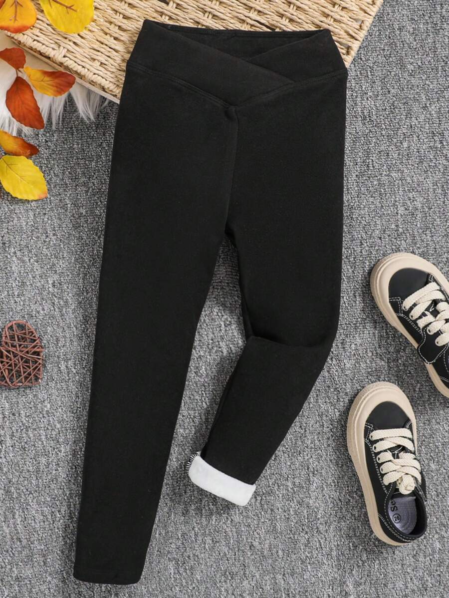 SHEIN Leap Crew Cô Gái Trẻ Eo không đối xứng Nhiệt Xà cạp - màu đen - Xem 1