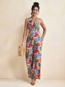Miriam Omar Jumpsuit Panjang Model Musim Semi dan Musim Panas Berwarna-warni dengan Motif Bunga yang Ceria, Leher Halter V Dalam, dan Bagian Belakang Berkerut, Potongan Lebar. - MultiWarna - View 4