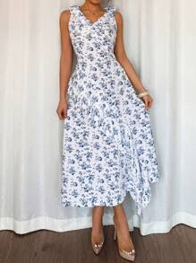 Chiquease Elegantes Damen Sommerkleid mit Rüschensaum, Ärmellos, Ditsy Blumen Muster