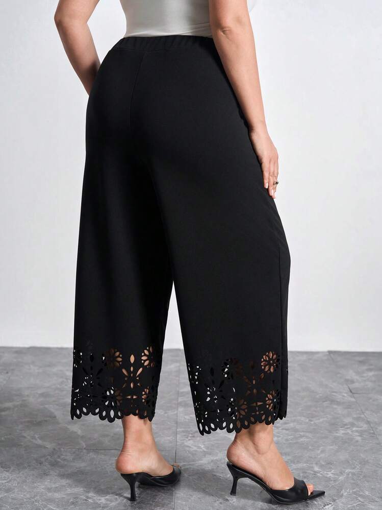 Chikora プラスサイズ レーザーカットワイドレッグパンツ、ビジネスカジュアル向け女性用 - ブラック - 見る 2