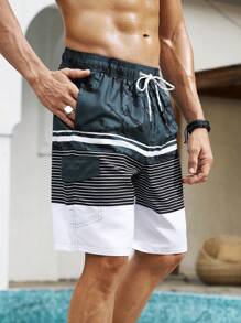 Surfspeed Men's Contrast Stripe Print Drawstring Waist Beach Shorts  Men Swim Trunks - Dark Green - View 7
