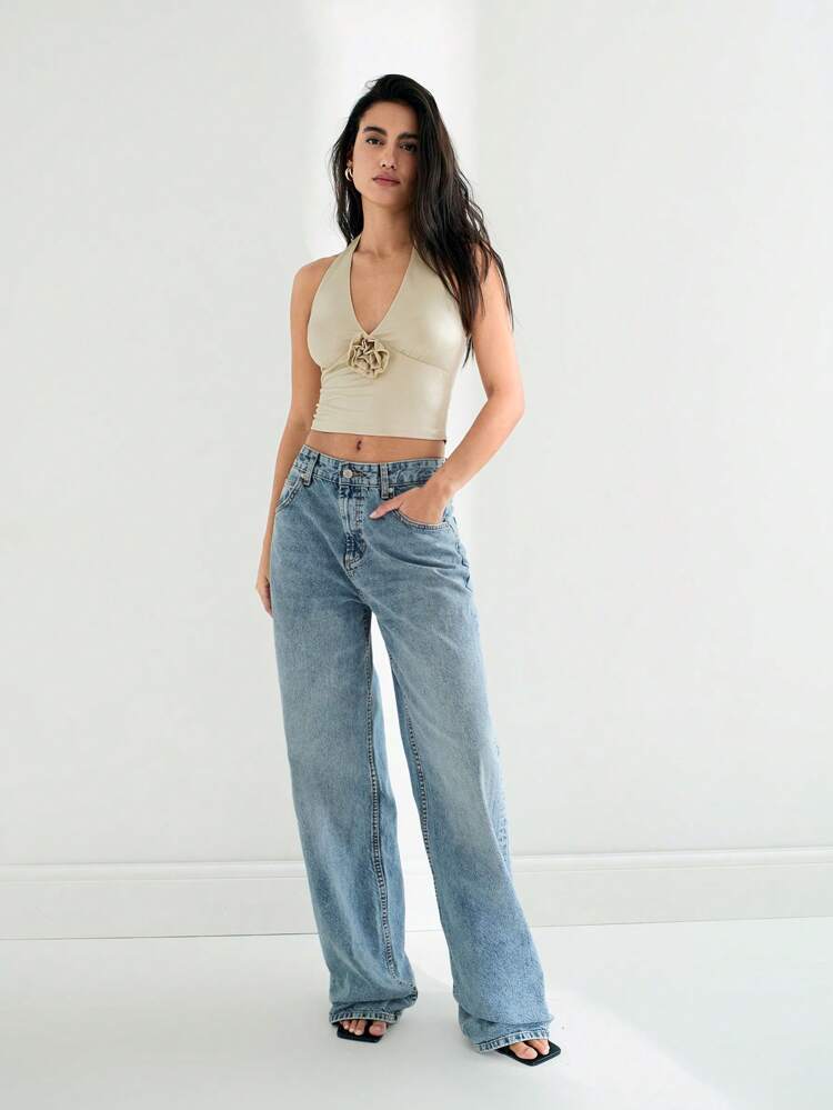 SHEIN Maija 2025 Summer New Women Pale Apricot Halter Neck Backless 3D Floral Decor Tie-Up Beach/Party/Wedding Guest Camisole Top, Urban Casual Vacation, Graduation Season