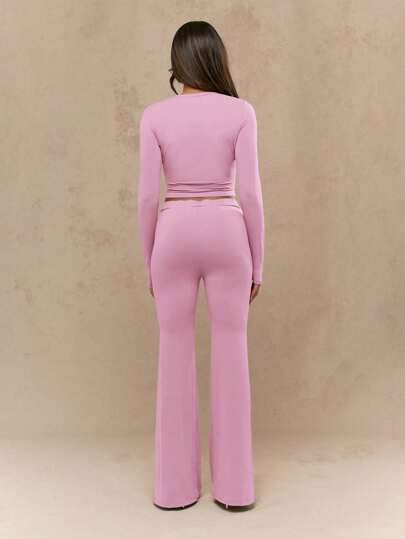 MISSGUIDED Two Piece Long Sleeve Ribbed Crop Top Flare Pants Lounge Set ...