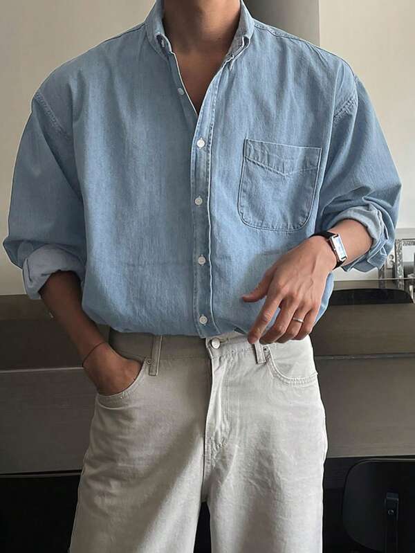 DAZY Camisa vaquera de manga larga, de un solo pecho, con bolsillo, holgada, para hombre, ropa de otoño