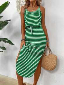 Breezaya Zomerse casual spaghettibandjesjurk voor dames met strikceintuur, maxi-outfit met zijsplitzoom