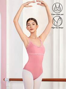 Dansine Women's Sleeveless Leotard Ballet Dancewear Tight Bodysuit Adult Gymnastics High Stretch Leotard With Solid Color, Lace Trim And Full Front Lining, Ballet Dancewear Tops For Spring/Summer - Coral Pink - View 3