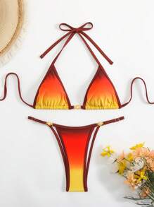 Swim SXY Completo estivo da spiaggia per donna: nuovo costume da bagno a due pezzi con parte superiore a triangolo con stampa a gradiente e coppa metallica e perizoma, adatto per vacanze