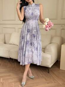 DAZY Đầm không tay thắt eo in hoa thanh lịch dành cho nữ, đầm dạ hội mùa hè, đầm mùa lễ Phục sinh. - Màu tím - Xem 3