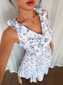 Chiquease Elegantes Damen Sommerkleid mit Rüschensaum, Ärmellos, Ditsy Blumen Muster